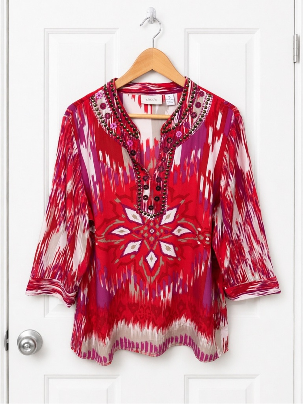 Chicos Ikat Print Studded Split Neck Tunic Red Pink White Size 3 XL Womens